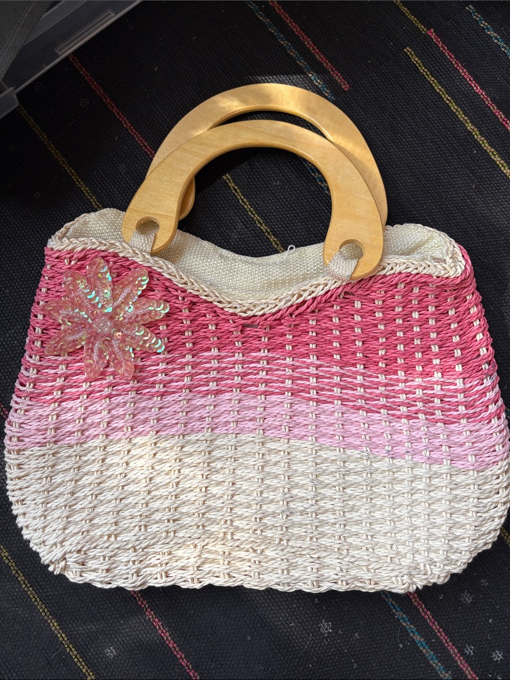 Woven handmade Pink Ombre Straw Tote with Wooden Handles and flower appliqué
